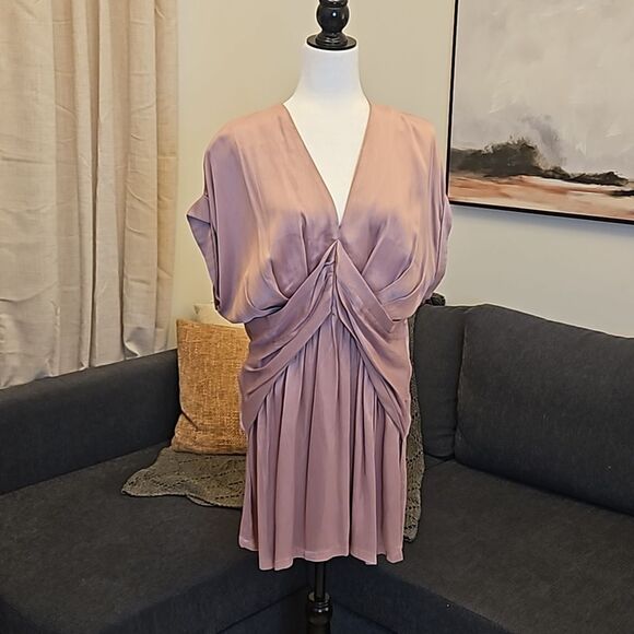 Rose pink Ruched Mini Dress with Plunge Neckline - Picture 1 of 5